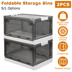 2-Pack Foldable Storage Bins with Doors Lid Wheels & More - transparent design with wheels and foldable features.