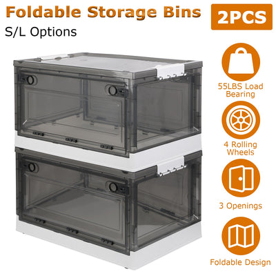 2-Pack Foldable Storage Bins with Doors Lid Wheels & More - transparent design with wheels and foldable features.
