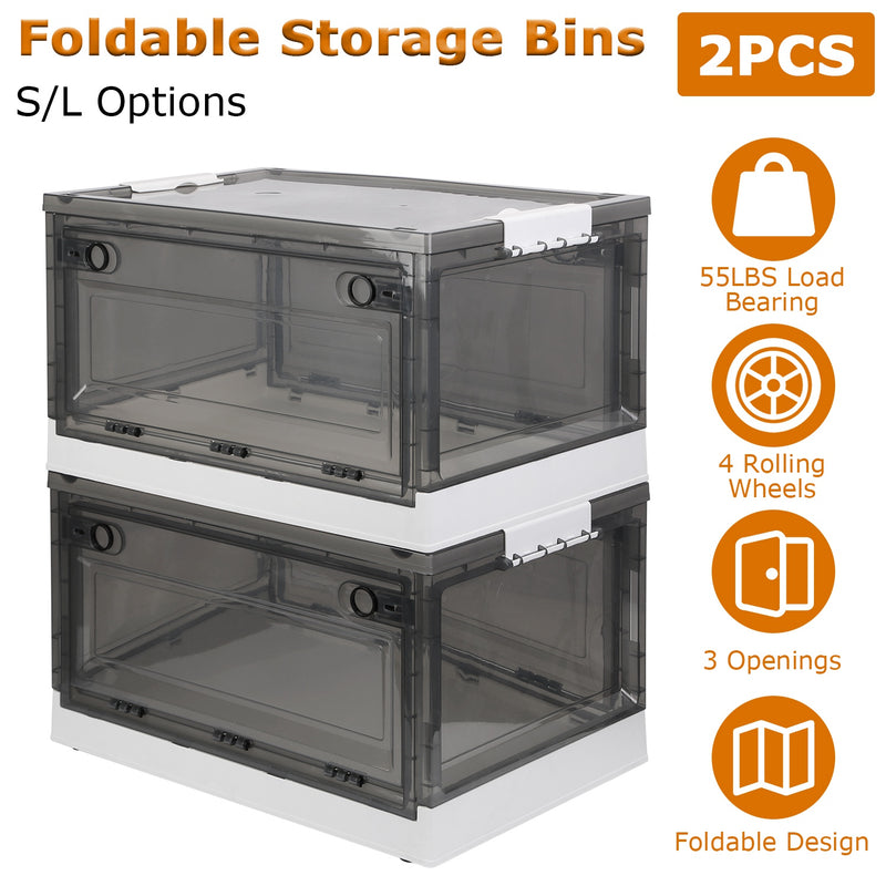 2-Pack Foldable Storage Bins with Doors Lid Wheels & More - transparent design with wheels and foldable features.
