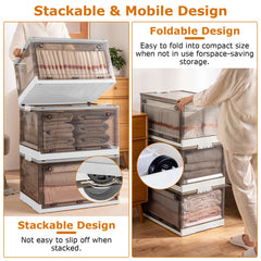 2-Pack Foldable Storage Bins with Doors Lid Wheels & More displayed in stackable and mobile design for versatile storage.