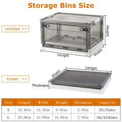 Storage Bins Size guide showing unfolded and folded dimensions for 2-Pack Foldable Storage Bins with Doors Lid Wheels & More.