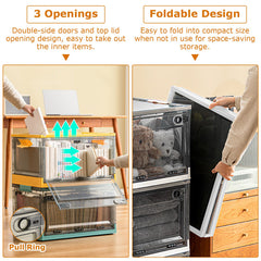 2-Pack Foldable Storage Bins with Doors Lid Wheels & More showcasing 3 openings and foldable design for easy storage.