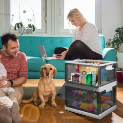 2-Pack Foldable Storage Bins with Doors Lid Wheels & More in living room with family and dog