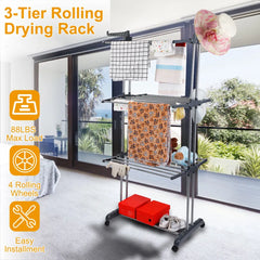 Rolling Clothes Drying Rack 3-Tier with Wheels & Shoe Rack