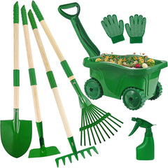 7-Piece Green Garden Tool Set With Wheelbarrow for Bed Care featuring various tools and a green transport cart.
