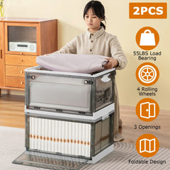 2-Pack Foldable Storage Bins with Doors Lid Wheels & More, displaying a woman organizing a blanket in a stylish, multifunctional storage box.