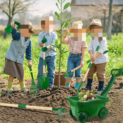 7-Piece Green Garden Tool Set With Wheelbarrow for Bed Care used by children planting a tree in a garden.