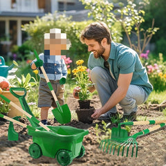 7-Piece Green Garden Tool Set With Wheelbarrow for Bed Care in a sunny garden scene with a father and child.