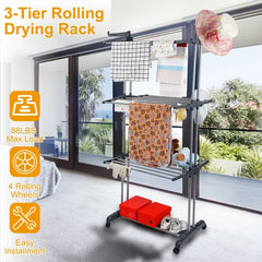 Rolling Clothes Drying Rack 3-Tier with Wheels & Shoe Rack