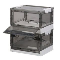 2-Pack Foldable Storage Bins with Doors Lid Wheels & More displayed in a stack with an open door for easy access.