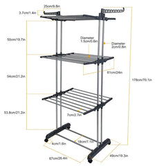 Rolling Clothes Drying Rack 3-Tier with Wheels & Shoe Rack