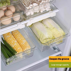Household Food-Grade Storage Container for Safe Food Storage with corn, cabbage, and eggs in a refrigerator.