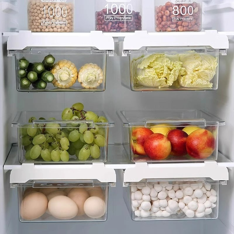 Household Food-Grade Storage Container for Safe Food Storage displayed in a modern refrigerator with fruits and vegetables.