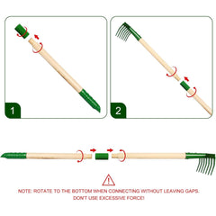 7-Piece Green Garden Tool Set With Wheelbarrow for Bed Care includes an assembly guide for gardening rake connections.
