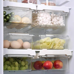 Household Food-Grade Storage Container for Safe Food Storage shown storing vegetables, fruits, and eggs in a refrigerator.