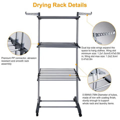 Rolling Clothes Drying Rack 3-Tier with Wheels & Shoe Rack