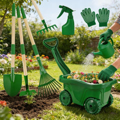 7-Piece Green Garden Tool Set With Wheelbarrow for Bed Care, featuring tools and watering can in a garden setting.