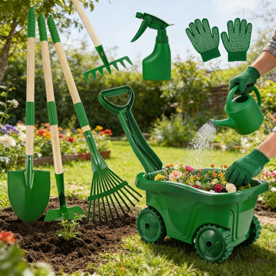 7-Piece Green Garden Tool Set With Wheelbarrow for Bed Care, featuring tools and watering can in a garden setting.