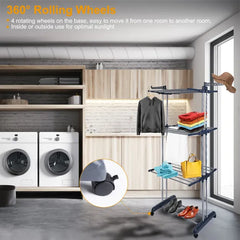 Rolling Clothes Drying Rack 3-Tier with Wheels & Shoe Rack